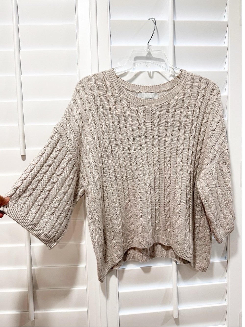 BRIT.NY Cable Knit Sweater Large Gray Boxy Drop Shoulder Elbow Sleeve Crew Neck